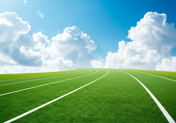 Obraz premium Green Running Track Ascends to Clear Sky with Cumulus Clouds in Bright Daylight, Conveying Motivation & Potential for Athletic Pursuits