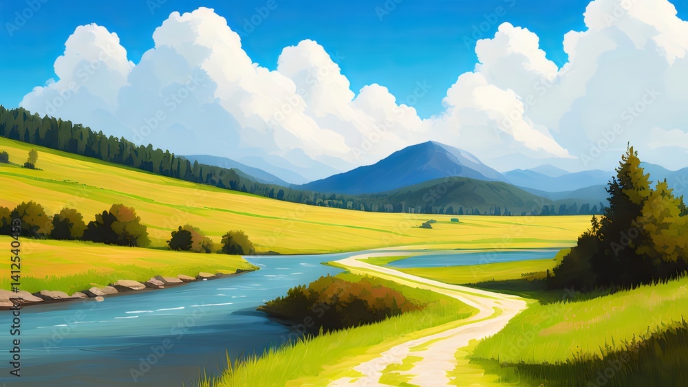 Poster 穏やかな夏の風景広がる丘と川の緑豊かな景色青い空と白い雲の下を流れる風景