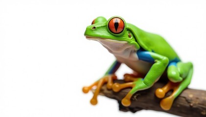 Green tree frog perched on white, vibrant skin, bright, small, jumping