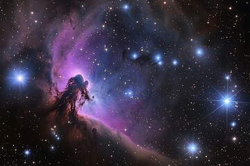 Naklejka premium Stunning cosmic nebula with vibrant purple and blue hues, showcasing the beauty of deep space