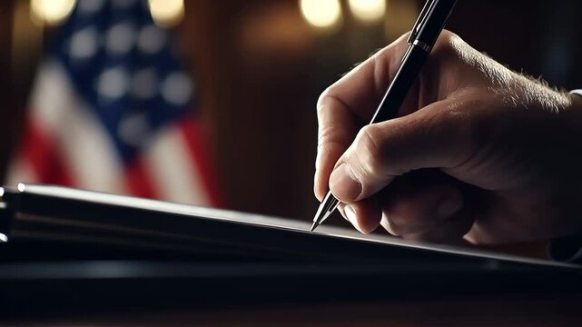 Hand Signing Document with American Flag Background
Close-up photograph of a male hand gripping an elegant black pen poised over a dark document. the formality of government procedure.