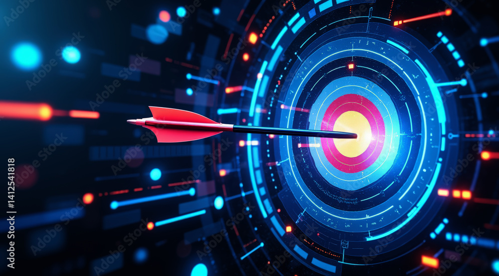 Poster a vibrant digital illustration of an arrow hitting the center of a target, surrounded by colorful ci