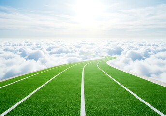 Obraz premium Green Sky Track Ascends Through White Clouds: Leading the Way to Success, Future Concepts, Hopeful, Clear Skies, Business Metaphor
