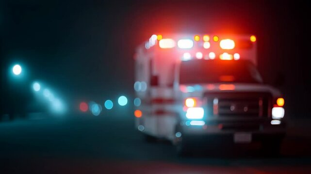 Ambulance with Glowing Lights in Night. Blurry medical vehicle against the black night. 