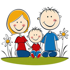 Obraz premium A cheerful stick-figure family consisting of a father, mother, and child, sitting together on the grass with flowers around. They are smiling, representing joy and togetherness.