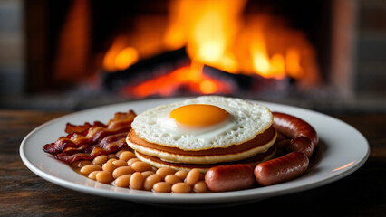Fototapeta premium Hearty English breakfast with fireplace backdrop