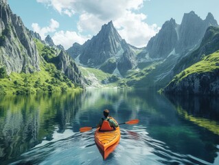Kayaking Adventure in Majestic Mountains: A lone kayaker navigates the serene waters of a pristine lake, surrounded by the breathtaking grandeur of towering mountain peaks under a radiant sky.