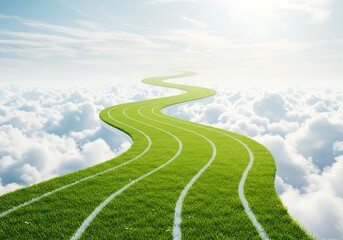 Obraz premium Ascending Green Turf Track Above Cloudscape: Pathway to Success, Hopeful Future, Business Goals, Dreamy, Conceptual, Bright, Serene, Metaphorical, Guidance, Innovation, Ambition