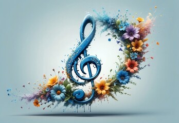 abstract blue music background with musical treble clef and flowers