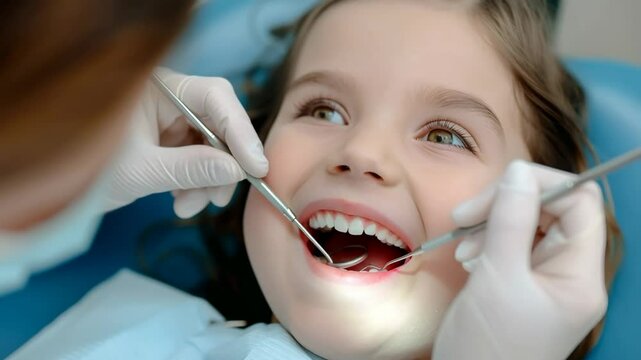 Child&rsquo;s First Examination with Gentle Approach. Close-up portrait of a young kid with brown eyes during a dental checkup. Positive dental experiences, preventive care, and the trust relationships.