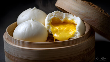 Freshly Steamed Custard Buns with Melting Yellow Filling in Bamboo Steamer Basket