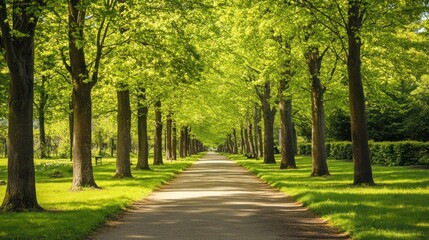 Fototapeta premium Sunlit Path Through the Avenue of Trees in Spring time Germany
