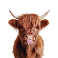 Keuken achterwand Schotse hooglander Playful highland cow farm field animal portrait natural habitat close-up transparent background fur  © sujittra