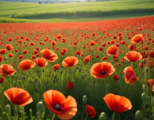 Fototapeta premium poppy field. picturesque scene. close up fresh, red flowers poppy on the green field, in the sunlight. majestic rural landscape.