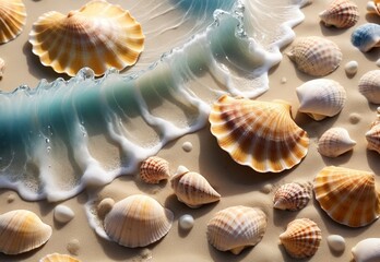 Obraz premium abstract yellow summer background with shells, sand and sea wave