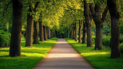 Obraz premium Tranquil Pathway Through a Lush Green Forest in Spring or Summer Season