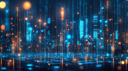 Fototapeta premium Digital cityscape, vibrant light, futuristic