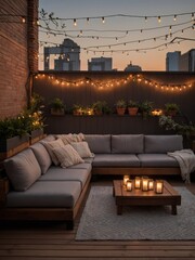 A cozy outdoor patio setting at dusk with city views