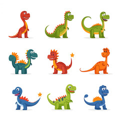 Obraz premium A colorful collection of cartoon dinosaurs in various poses, showcasing playful expressions and vibrant designs against a white isolated background.