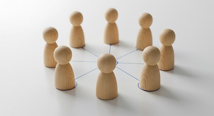 Obraz premium Wooden figures connected in a circle - symbolizing collaboration and teamwork - business presentations or infographics.