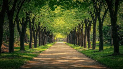 Obraz premium Enchanting Path Through a Lush Green Tree-Lined Avenue in Serene Park