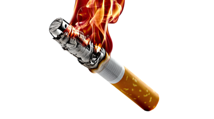 Inferno of Addiction: A burning cigarette with its metal filter transformed into a symbol of destruction and harm. Flames engulf the once innocent cigarette.