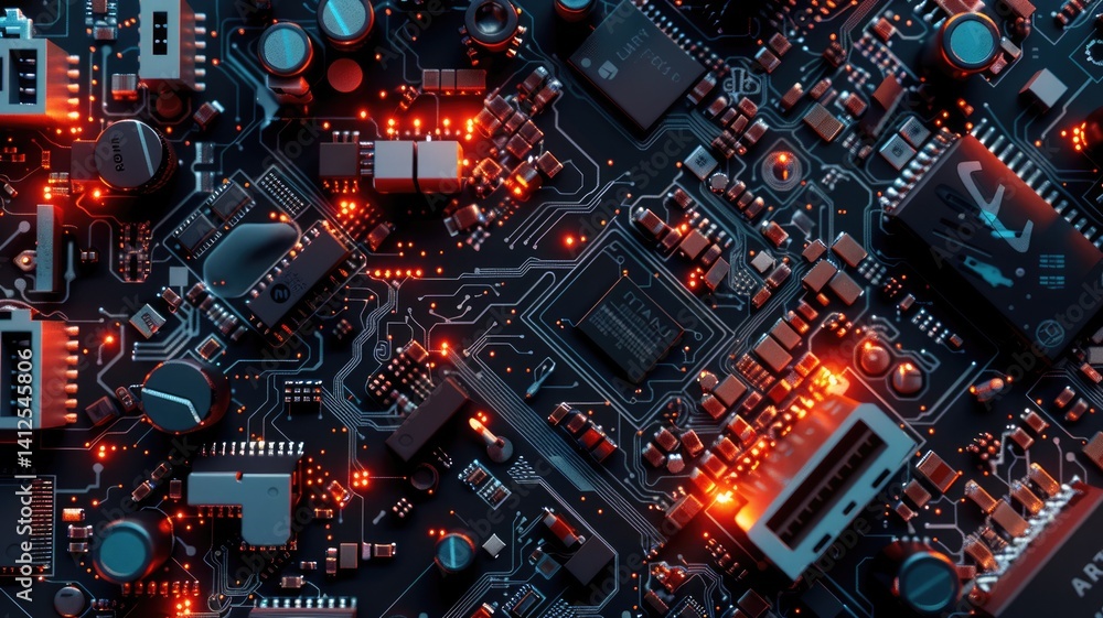 Poster close-up view of a modern circuit board design with glowing elements. this abstract image showcases 