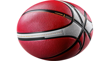 Red Basketball Closeup: A vibrant red basketball with sleek black and white accents, detailed stitching, and a subtle texture is presented in a close-up studio shot, highlighting its sporty design.