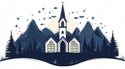 Fototapeta premium Church spire and window silhouettes, medieval architecture, white background, flat design illustration