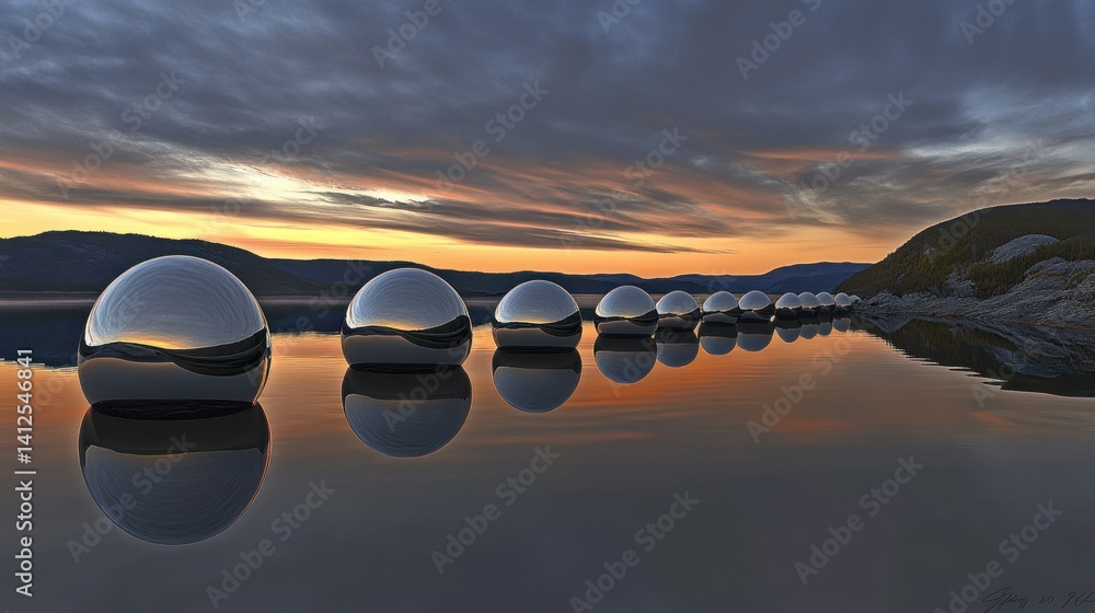 Poster spherical reflective objects line tranquil water at sunset colors