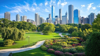 Fototapeta premium Green public park in city center with walking paths and trees