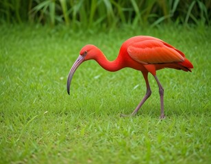 red ibis on green natural grass background. The scarlet ibis Eudocimus ruber looking for food in green grass. Red water tropical bird on the ground in the grass on a green background