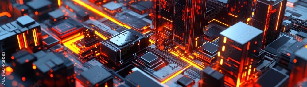Poster a futuristic representation of an illuminated digital circuit board