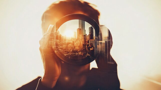 Double exposure of a photographer and a cityscape inside a camera lens, artistic tone, clear zone for typography