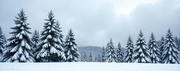 Fototapeta premium Snow-covered fir and hardwood trees against a grey cloudy winter sky, forest, cloudy, winter