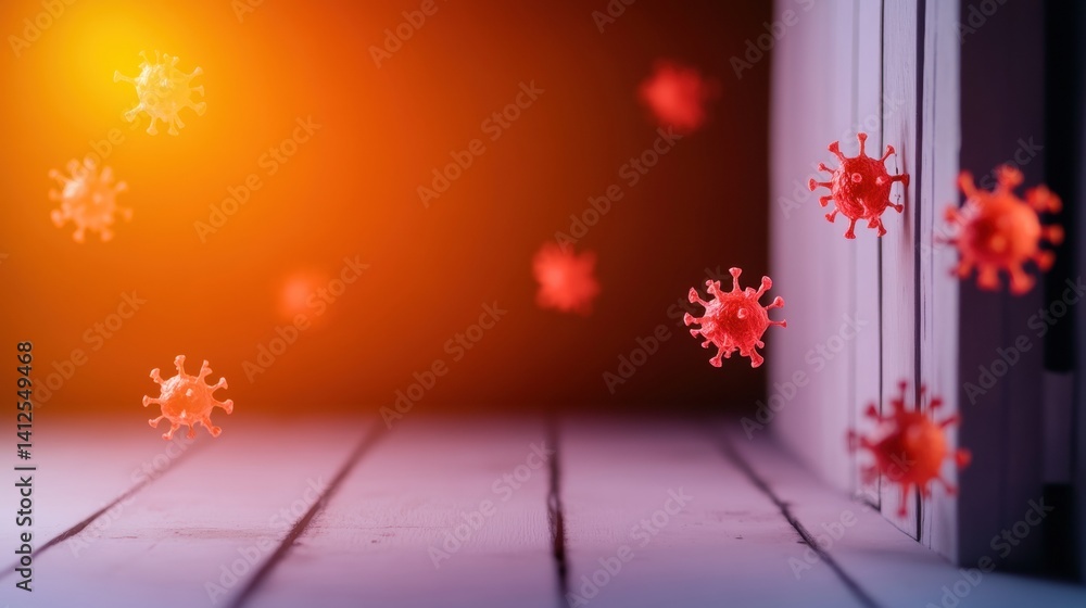 Poster virus particles are depicted suspended in a dimly lit space, creating an atmospheric scene with warm