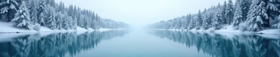 Snow-covered fir trees reflected in a calm frozen lake, reflective surface, stillness, peaceful atmosphere