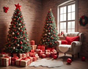 Room decorated to christmas celebration. christmas tree with red balls, bows, gift boxes near the window, cozy chair and santa near brick wall.