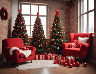 Room decorated to christmas celebration. christmas tree with red balls, bows, gift boxes near the window, cozy chair and santa near brick wall.