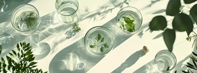 Banner Laboratory glassware, Petri dishes floating on surface of the water on white background. Natural medicine, cosmetic research, bio science, organic skin care products. Top view, flat lay