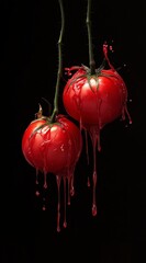 Obraz premium Red Tomatoes Dripping with Juice Against a Dark Background