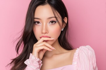 Fototapeta premium an Asian woman with long hair, holding her chin in front and wearing pink makeup. She has white eyeliner on both eyes and is posing for the camera.