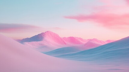 Snow-covered mountains rise under a soft pink and blue sky during early morning light, creating a tranquil winter scene