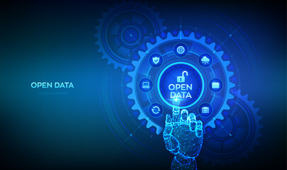 Open data database. Digital file storage system. Online documentation database technology concept. DMS. Integration API. Hand touching digital interface with connected gears cogs and icons. Vector.