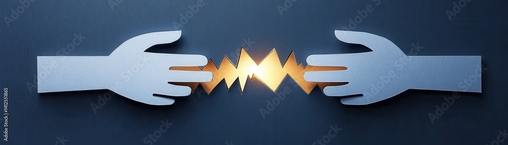 Poster two hands reaching towards each other with a zigzag shape between them, symbolizing connection or co