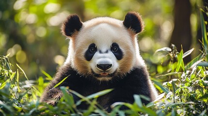 Obraz premium Adorable panda cub in bamboo forest, China. Wildlife conservation poster