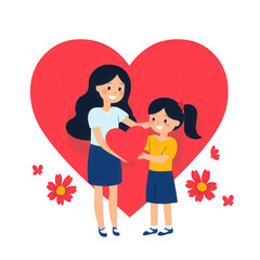 Fototapeta premium A mother and daughter sharing a heart in front of a large heart shape, surrounded by flowers, symbolizing love and connection.