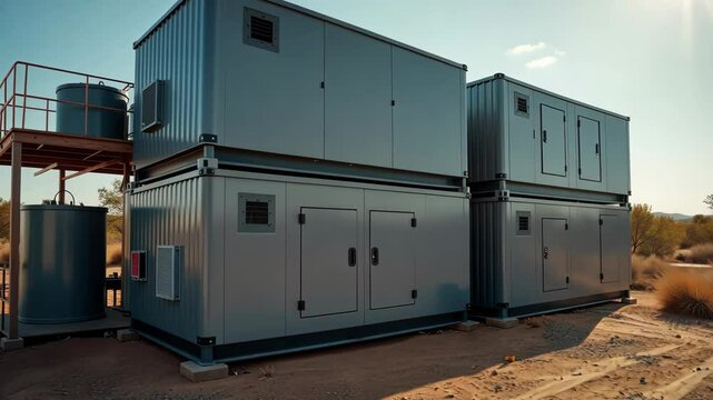 Industrial containers in a desert landscape showcasing modern and efficient modular construction.