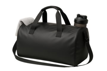 Black gym duffel bag with shoulder strap, fitness towel, and protein shaker bottle, isolated on transparent background, ideal for workouts, travel, or daily gym use