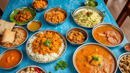 A vibrant spread of Indian cuisine features various curries, rice dishes, and side accompaniments served in metallic bowls on a blue table.